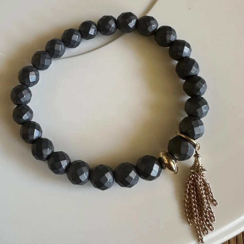 Classic Hematite 8mm Stretch Bracelet Gray Gold Bronze Tassel Charm